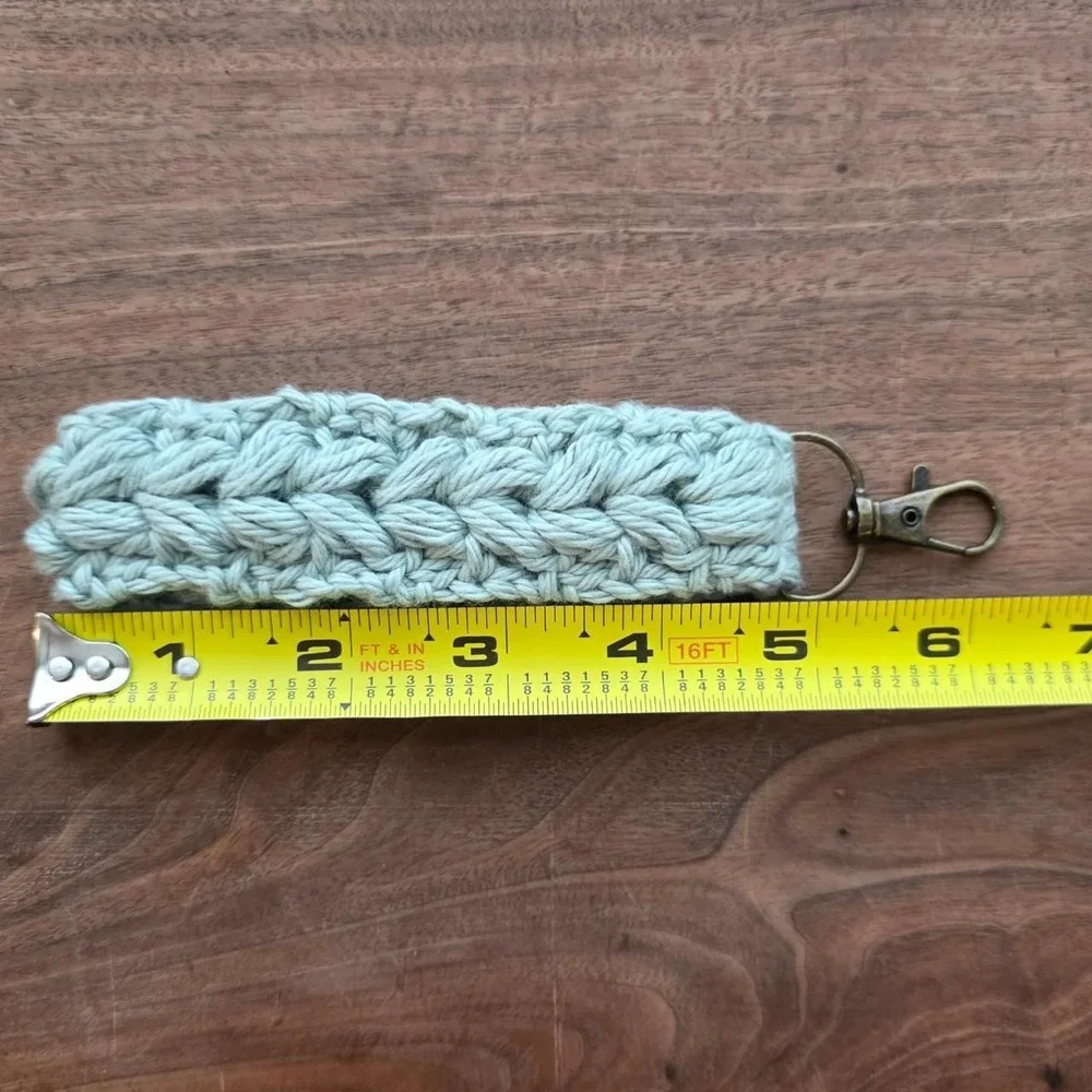 Handmade Crochet Wristlet Keychain Dusty Seafoam Cotton Floral Puff Key Fob
